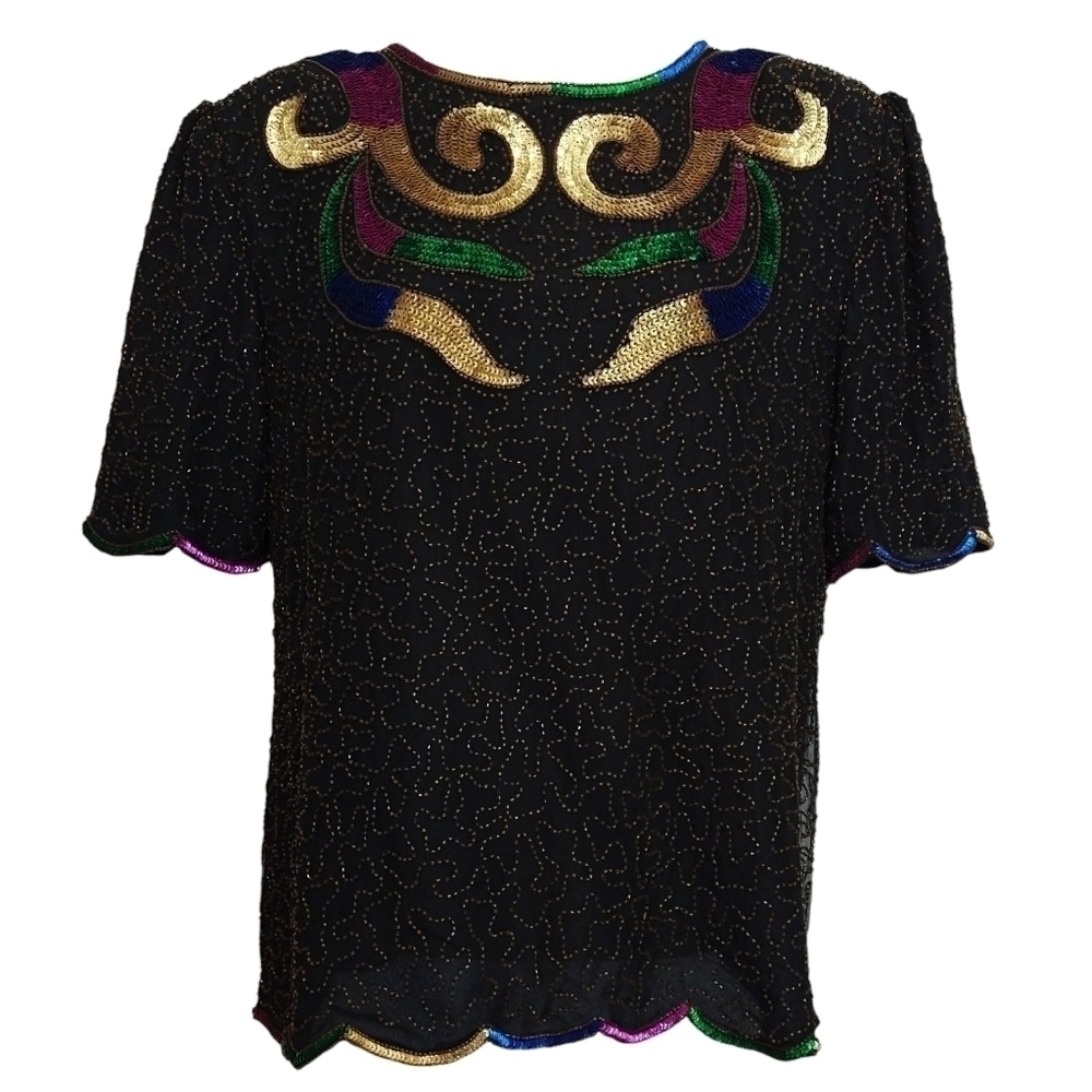 Vintage Laurence Kazar NWT Silk Black Beaded Sequin Blouse Glam Party Hand Made